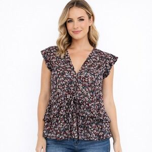 Flynn Skye Revolve Floral Top Tie Ruffle Tiered Short Sleeve Blouse Size Medium